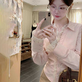 Aiertu Kawaii Cropped Pink Shirts Women Streetwear Lace Patchwork Blouses Korean Fashion Cute Long Sleeve Slim Design Tops New Aiertu