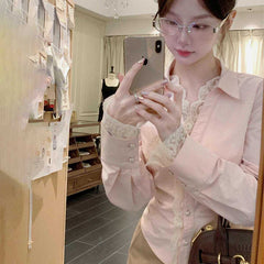 Aiertu Kawaii Cropped Pink Shirts Women Streetwear Lace Patchwork Blouses Korean Fashion Cute Long Sleeve Slim Design Tops New Aiertu