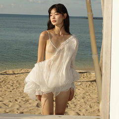 Aiertu - Off Shoulder See Through Long Sleeve T Shirt Women Sexy Mesh Lace Up Flare Sleeve White Loose Backless Club Hot Girl Top Aiertu