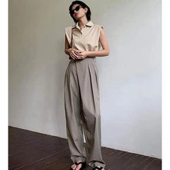 Aiertu - Khaki Wide Leg Women's Pantsuit Baggy Classic Pants Vintage Palazzo Office Elegant Casual Trouser Female Work Wear Chic Aiertu