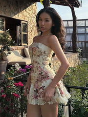 Aiertu - Sweet 2Piece Set Women Flower Print Single-Breasted Metal Buckle Wrap Mini Top+Patchwork Lace Folds Skirt Matching Suits Aiertu