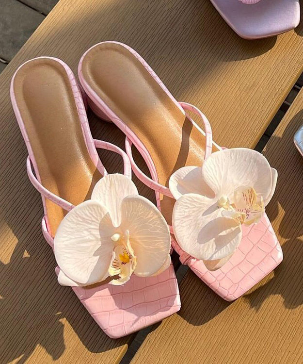 Aiertu Pink Floral Splicing Chunky Slide Sandals Peep Toe Aiertu