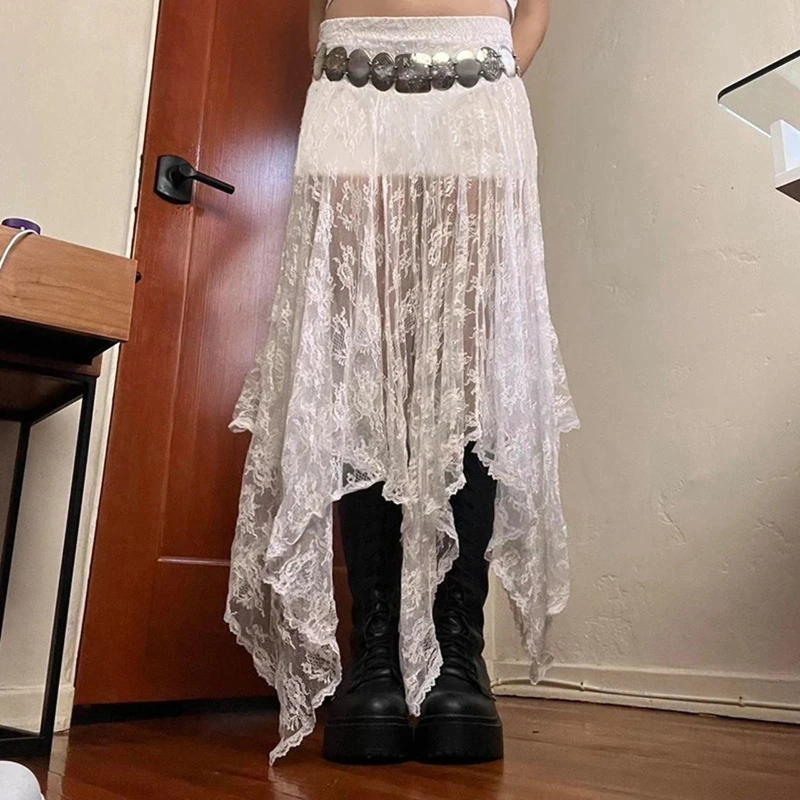 Aiertu - Women Solid Color Elastic Lace Skirt Casual Summer Sheer Irregular A-Line Skirt for Vacation Club Streetwear Aesthetic Clothes Aiertu