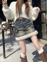 Aiertu - Faux Fur Patchwork Denim Mini Skirt Women Vintage High Rise Do Old Star Rivets Pockets Cargo Skirt Snow Winter Clothes Aiertu