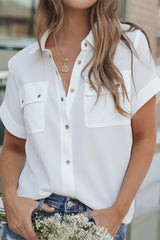 Aiertu -Daily Solid Color Pocket Buttons Turndown Collar Tops aiertu