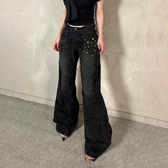 Aiertu - Grunge Aesthetic Flare Jeans Rivet Detail Y2K Fashion Retro Loose Fit Denim Pants High Street Punk Trousers Spring Aiertu