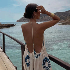 Aiertu - Summer New V-neck Print Sexy Backless Casual Comfortable Holiday Style Dress Long Dress Aiertu