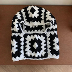 Aiertu - Women Knitted Balaclava Cap Winter Woolen Beanie Hats Handmade Crochet Floral Hat Girl Fashion Bonnet Neck Ear Warmer Hooded Hat Aiertu