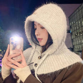 Aiertu - Winter Balaclava Hat Warm Knitted Women's Hood Hat Caps Cap Outdoor Pullover Color One-piece Solid Neck Cashmere Pullover Hat Aiertu