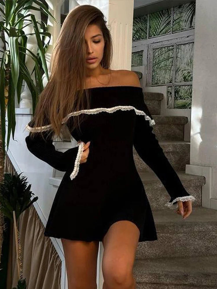 Aiertu - Women Off-Shoulder Lace Knitted Dress Long Sleeve Bodycon Sexy Mide Dresses Ribbed Elegant Casual Club Partywear 2026 Autumn New Aiertu