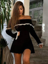 Aiertu - Women Off-Shoulder Lace Knitted Dress Long Sleeve Bodycon Sexy Mide Dresses Ribbed Elegant Casual Club Partywear 2026 Autumn New Aiertu