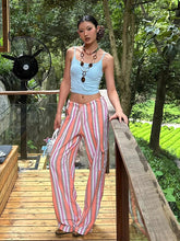 Aiertu Holiday Striped Women Cargo Pants Flap Pockets Drawstring Waist Casual Cotton Linen Parachute Pants Vintage Workwear Aiertu