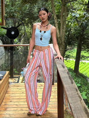 Aiertu Holiday Striped Women Cargo Pants Flap Pockets Drawstring Waist Casual Cotton Linen Parachute Pants Vintage Workwear Aiertu