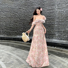 Aiertu - Vintage Floral Long Dress Women Elegant Vacation Sexy Slash Neck Maxi Dresses Summer Fairy Korean Beach Bodycon Vestidos Aiertu
