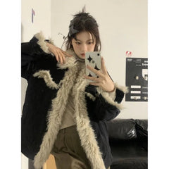 Aiertu - American Retro Fur Collar Black Cardigan Denim Jacket Women Autumn Winter New Plush Thickened Fashion Street Casual Jacket Aiertu