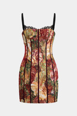 Aiertu - Floral Jacquard Patchwork Sleeveless Slip Bustier Mini Dress Aiertu