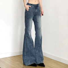 Aiertu - Y2K Low Waisted Washed Flare Jeans Korean Streetwear Blue Slim Fit Denim Pants Fashion Lady Casual Boot Cut Trousers Aiertu
