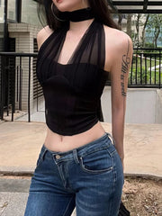 Aiertu Sexy Gauze Patchwork Halter Bandage Tank Top Y2k Aesthetic Pleated Grunge Crop Camisole Women Streetwear Backless Bodycon Tanks Aiertu