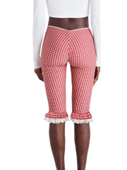 Aiertu - Women s Plaid Capri Pants with Lace Ruffles and Stretchy Cropped Leggings for Summer Casual Wear Aiertu