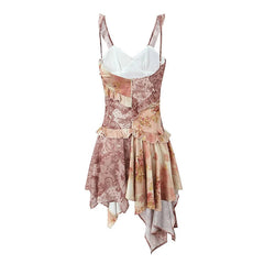 Aiertu - New Women Vintage Print Irregular Hem Sling Summer Beach Dresses Sexy Backless Sleeveless V Neck Short Holiday Dress Aiertu