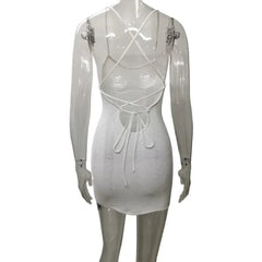 Aiertu - Hollow Out Knitted Camisole Mini Dress 2026 Summer Women Sexy Spaghetti Straps Lace Up Backless Bodycon Holiday Beach Outfits Aiertu