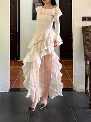 Aiertu - Y2K Sexy Solid Jacquard Party Dress for Women Layered Ruffles Slim Irregular Dresses Autumn Prom Robe Wedding Vestidos Mujer New Aiertu