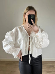 Aiertu - Cotton Bow Lace Up Shirt Women Elegant V-neck Hollow Out Long Lantern Sleeve Shirts 2026 Spring Summer Casual Loose Fashion Tops Aiertu