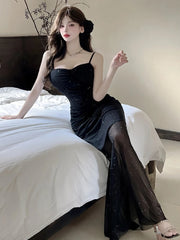 Aiertu - Sexy Shiny Mesh Suspender Evening Dresses Women 2025 Summer Temperament Slim Fit Waist Fishtail Party Long Dress Robe Aiertu