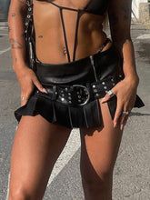 Aiertu - summer inspo Punk Gothic Zipper Split Black PU Leather Pleated Skirt With Rivet Belt Women Sexy Baddie Outfits Aiertu