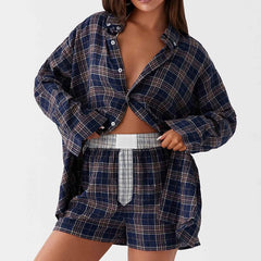Aiertu - Casual Lounge Set Plaid Patterm Button Down Long Sleeve Blouse T-shirt Tops + Wide Leg Shorts Comfy 2 Piece Set Women Outfits Aiertu