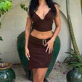 Aiertu - Sexy Holiday Style Two Pieces Set Women Summer Cropped Halter Top+Asymmetric Hem With Metal Ring Button Skirt Outfits Aiertu