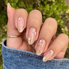 Aiertu - 24PCS Sweet Dopamine Flowers French False Nails Artificial Wearable Almond Press on Nail with Blue Stripes Design Fake Nail Tips Aiertu