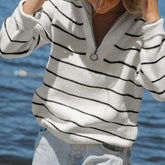 Aiertu - cold weather outfits Women Casual Striped Sweater Turndown Collar Zipper Knitted Long Sleeve Jumper Fashion Ladies Minimalism Knitwear Top Aiertu