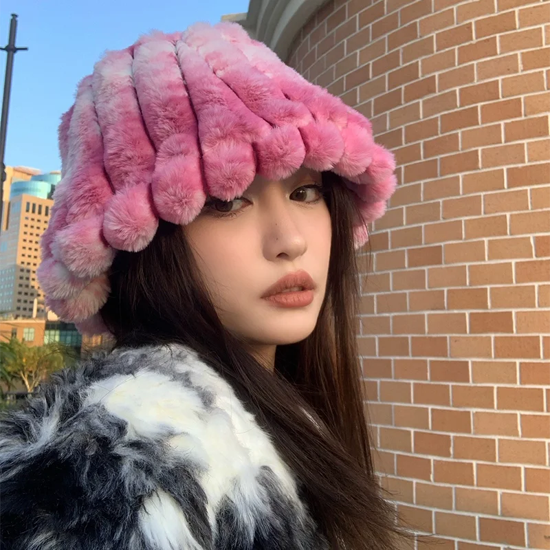 Aiertu - Autumn/Winter New Mixed Color Plush Lampholder Fisherman Hat Women's Korean Designer Wide Plush Bucket Hat Aiertu