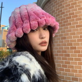 Aiertu - Autumn/Winter New Mixed Color Plush Lampholder Fisherman Hat Women's Korean Designer Wide Plush Bucket Hat Aiertu