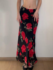 Aiertu -Vintage Floral Print Mesh Layered High-Waist Skirt aiertu