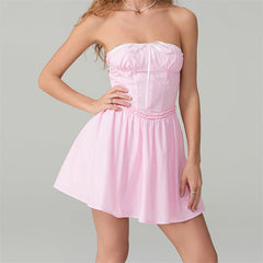 Aiertu Women's y2k Corset Mini Dress Pink Strapless Tie-up Front Lace Trim Tube Top Dress Short Party Going Out Dresses Aiertu