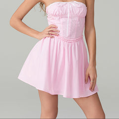 Aiertu Women's y2k Corset Mini Dress Pink Strapless Tie-up Front Lace Trim Tube Top Dress Short Party Going Out Dresses Aiertu