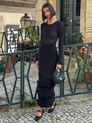 Aiertu - Women's Ruffle Edge Tight Knit Long Dresses Elegant O Neck Long Sleeve Maxi Dresses 2026 New Female Knitwear Street Robes Aiertu