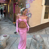 Aiertu - Pink Knitted Skirts Sets Women Off Shoulder Long Sleeve Crop Tops+Long Skirt Summer Holiday Sexy Bikini Cover-up 2 Piece Set New Aiertu