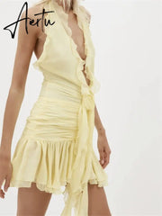 3D Flower Patchwork Mini Dress for Women Halter Tie-up Off Shoulder Backless Ruched Summer Dress Tassel Aiertu