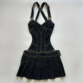 Aiertu - Y2k Skirt Sets Black Suspender Hollow Out Two Piece Sets Women Outfits Fashion Sexy A Line Pleated Skirt Harajuku Streetwear Aiertu