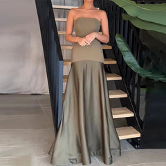 Aiertu - Women Sexy Bustier Sleeveless Long Dress Elegant Off Shoulder Patchwork Bodycon Dress Summer Fashion Draped Solid Party Dresses Aiertu