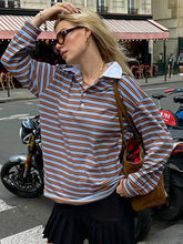 Aiertu - Striped Vintage Long Sleeve T-shirt Women Autumn New Turndown Collar Button T-shirts 2026 Streetwear Fashion Pullover Tops Tees Aiertu