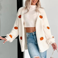 Aiertu - Pumpkin Embroidery Long Sleeve Loose Sweater Coat Women's Open Front Knitted Cardigan for Spring Fall Oversized Knitwear Outwear Aiertu