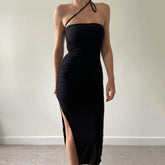 Aiertu - Lace Up Drawstring Ruched Side Slit Midi Dress Aiertu