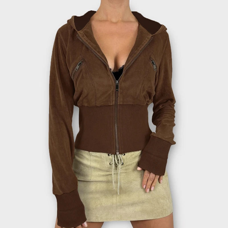 Aiertu - Vintage Faux Suede Velvet Slim Jacket Brown Casual Zipper Coat Y2K Streetwear Hooded Outwear Fashion Winter Outfits Aiertu