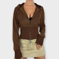 Aiertu - Vintage Faux Suede Velvet Slim Jacket Brown Casual Zipper Coat Y2K Streetwear Hooded Outwear Fashion Winter Outfits Aiertu