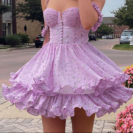 Aiertu - Double Small Smocked Floral Strap Princess Dress Aiertu