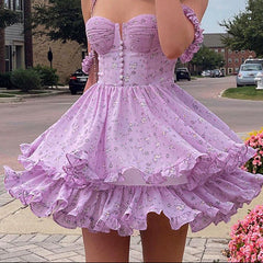 Aiertu - Double Small Smocked Floral Strap Princess Dress Aiertu